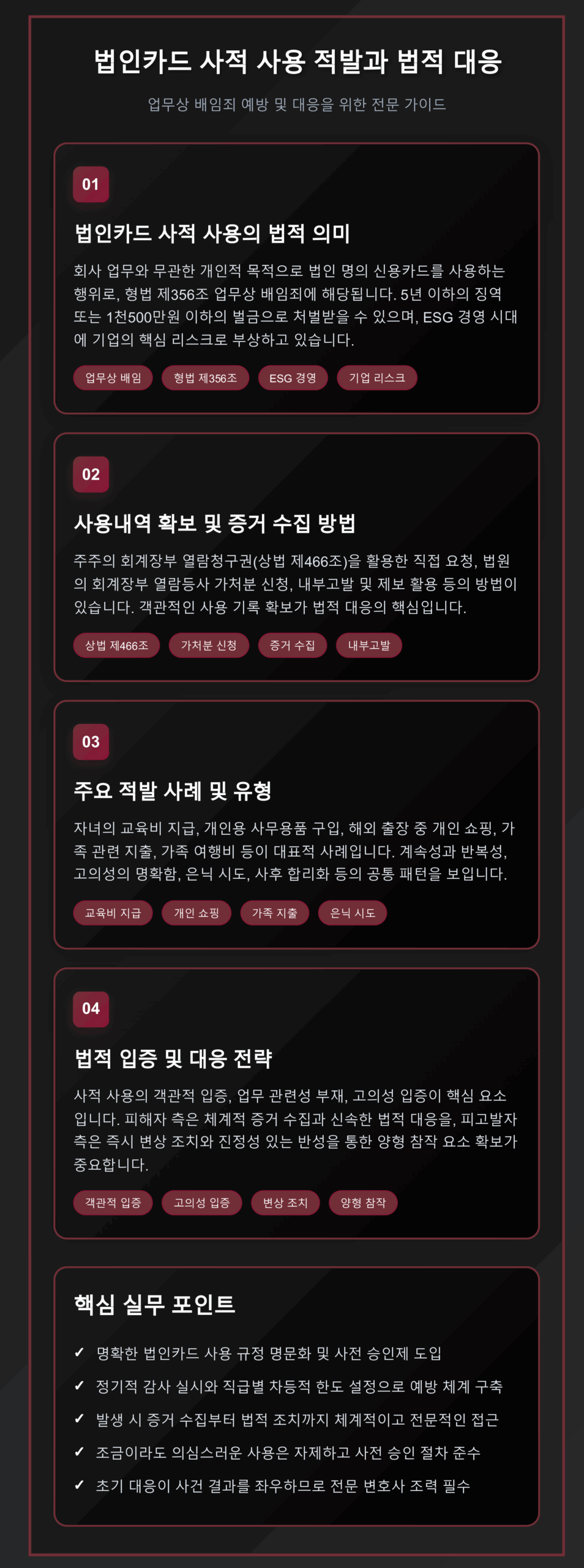 법인카드 사적 사용으로 인한 업무상 배임죄의 법적 의미, 증거 수집 방법, 주요 적발 사례, 대응 전략을 단계별로 설명하는 인포그래픽