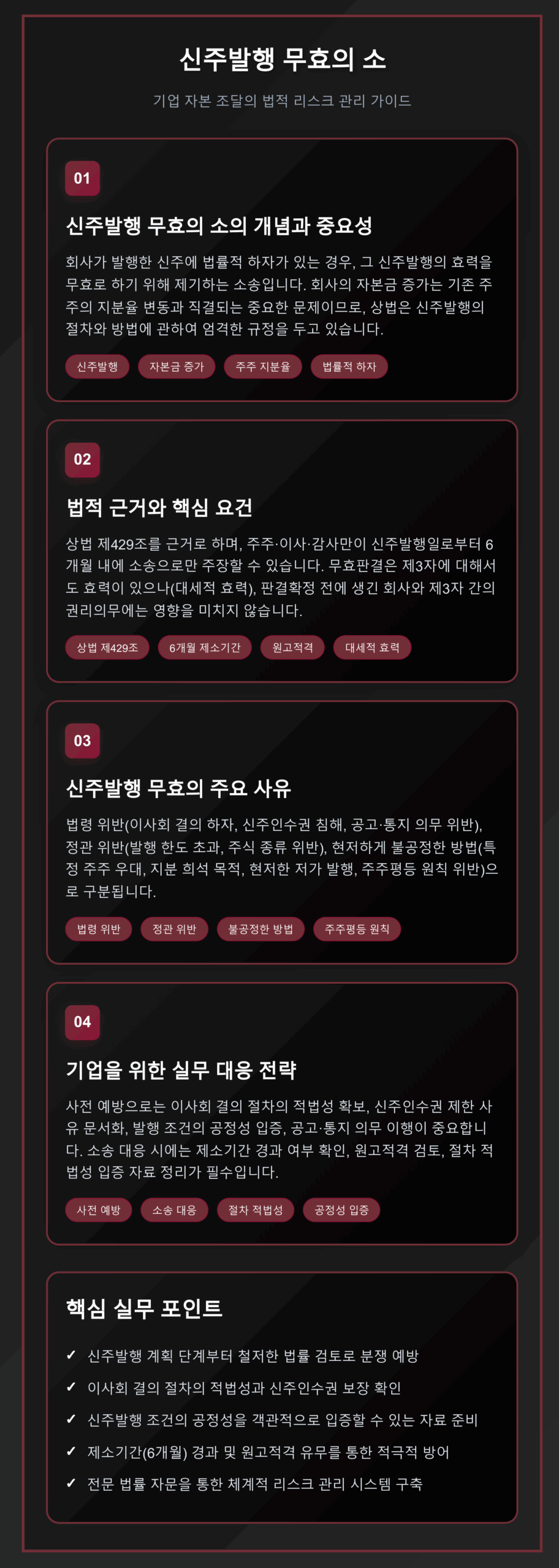 신주발행 무효의 소의 개념, 상법 제429조 법적 근거, 6개월 제소기간, 주요 무효 사유(법령위반, 정관위반, 불공정한 방법), 기업 실무 대응 전략을 4단계로 설명한 인포그래픽
